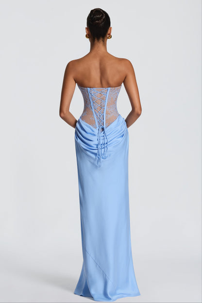 Lace Splicing Jersey Strapless Maxi Dress