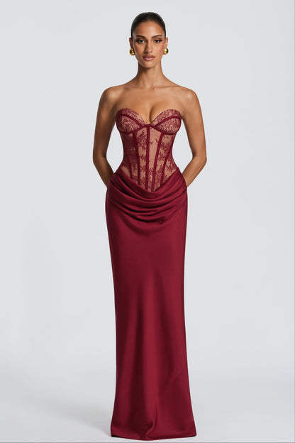 Lace Splicing Jersey Strapless Maxi Dress