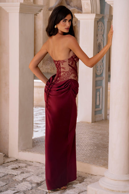 Lace Splicing Jersey Strapless Maxi Dress