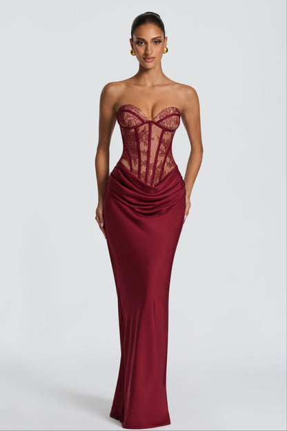 Lace Splicing Jersey Strapless Maxi Dress