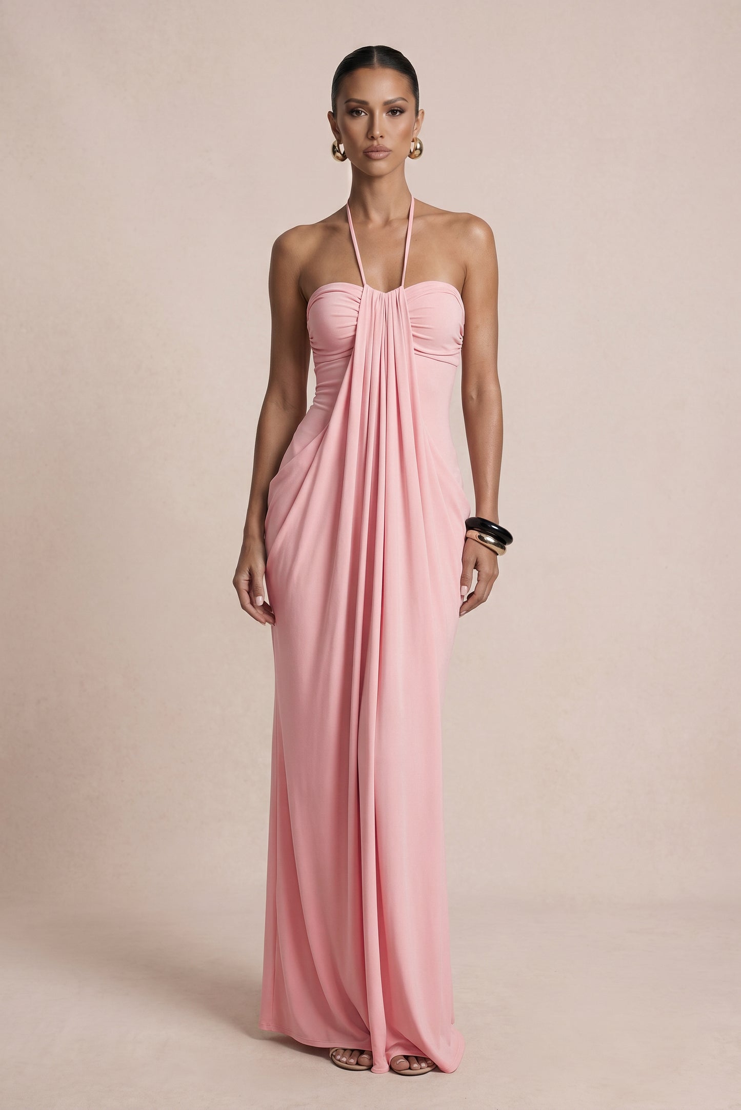 Solid Halter Neck Gatering Maxi Dress