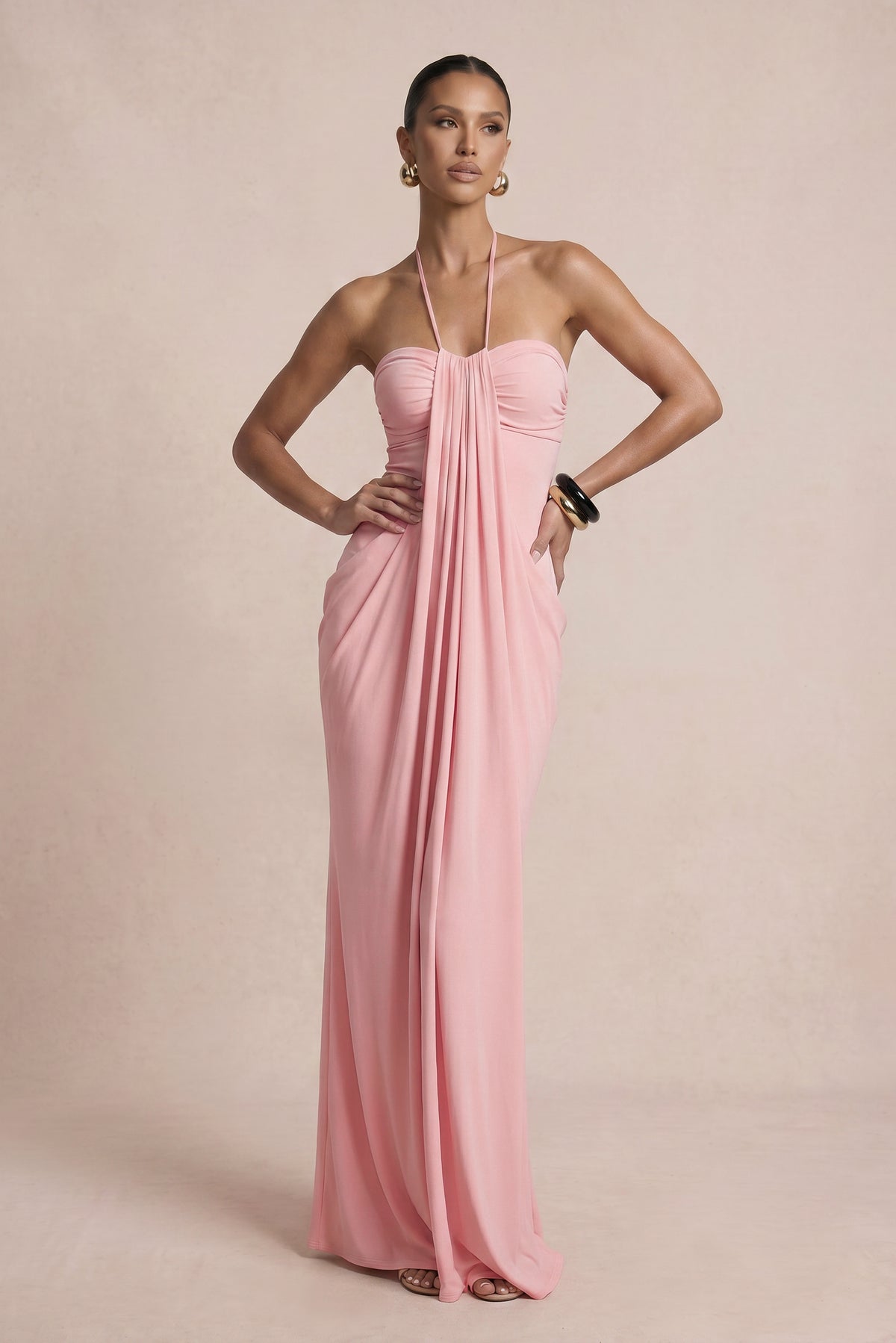 Solid Halter Neck Gatering Maxi Dress