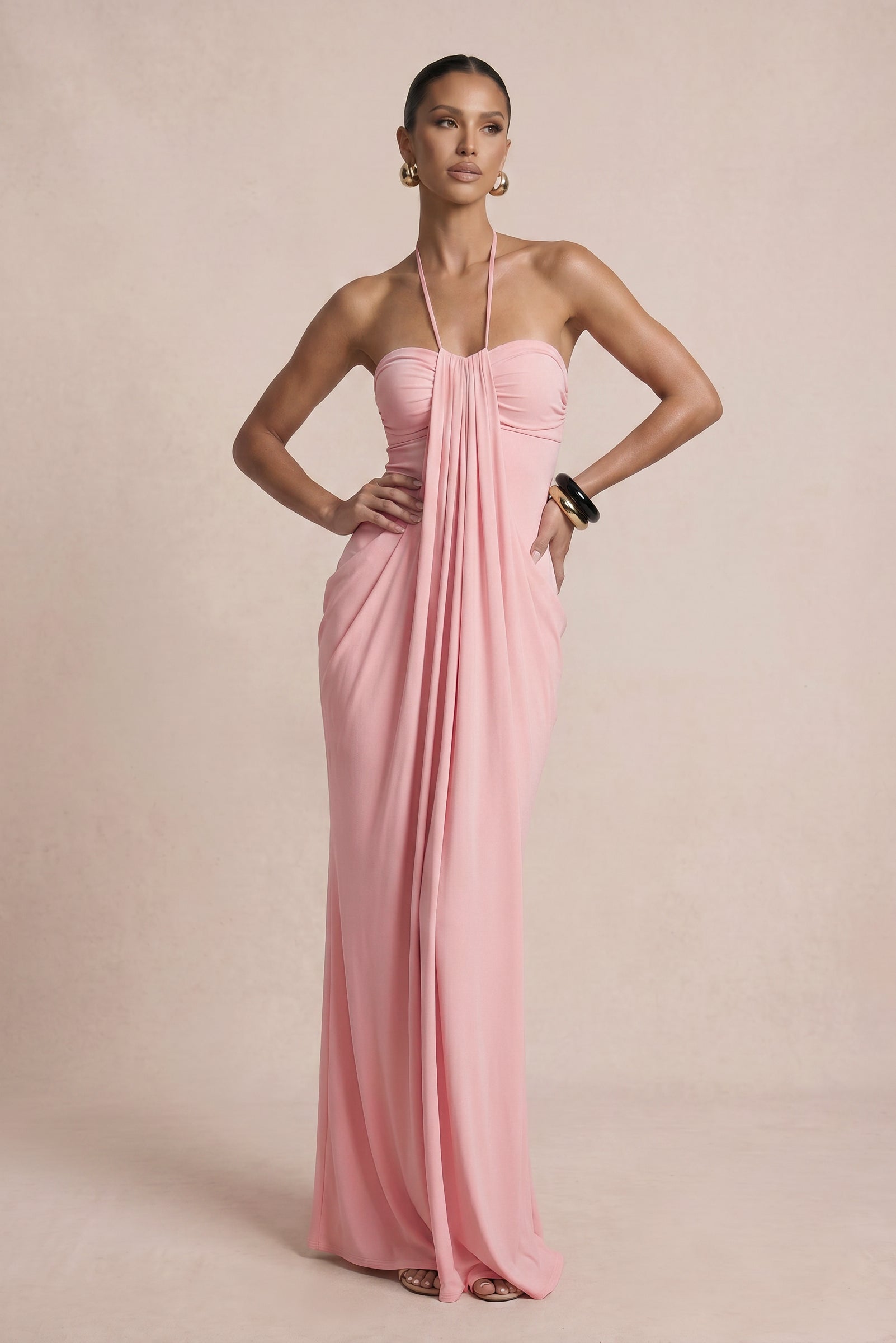 Solid Halter Neck Gatering Maxi Dress