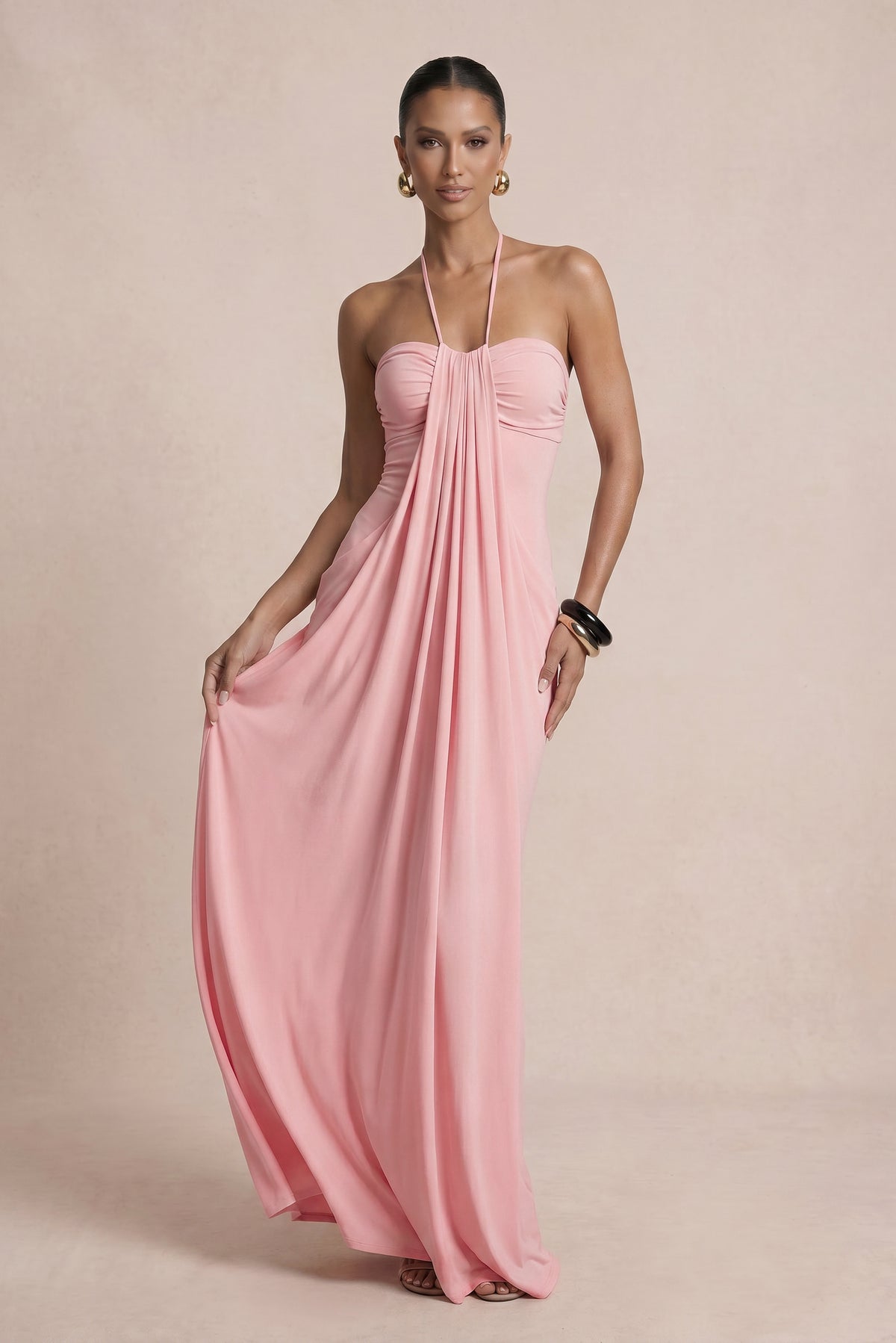 Solid Halter Neck Gatering Maxi Dress