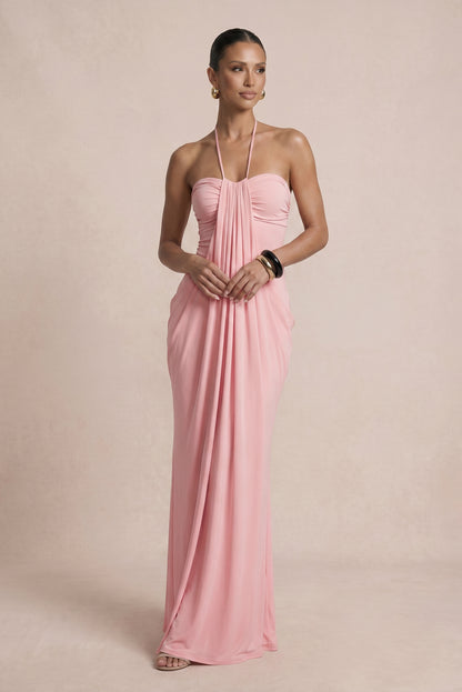 Solid Halter Neck Gatering Maxi Dress
