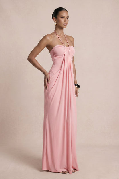 Solid Halter Neck Gatering Maxi Dress