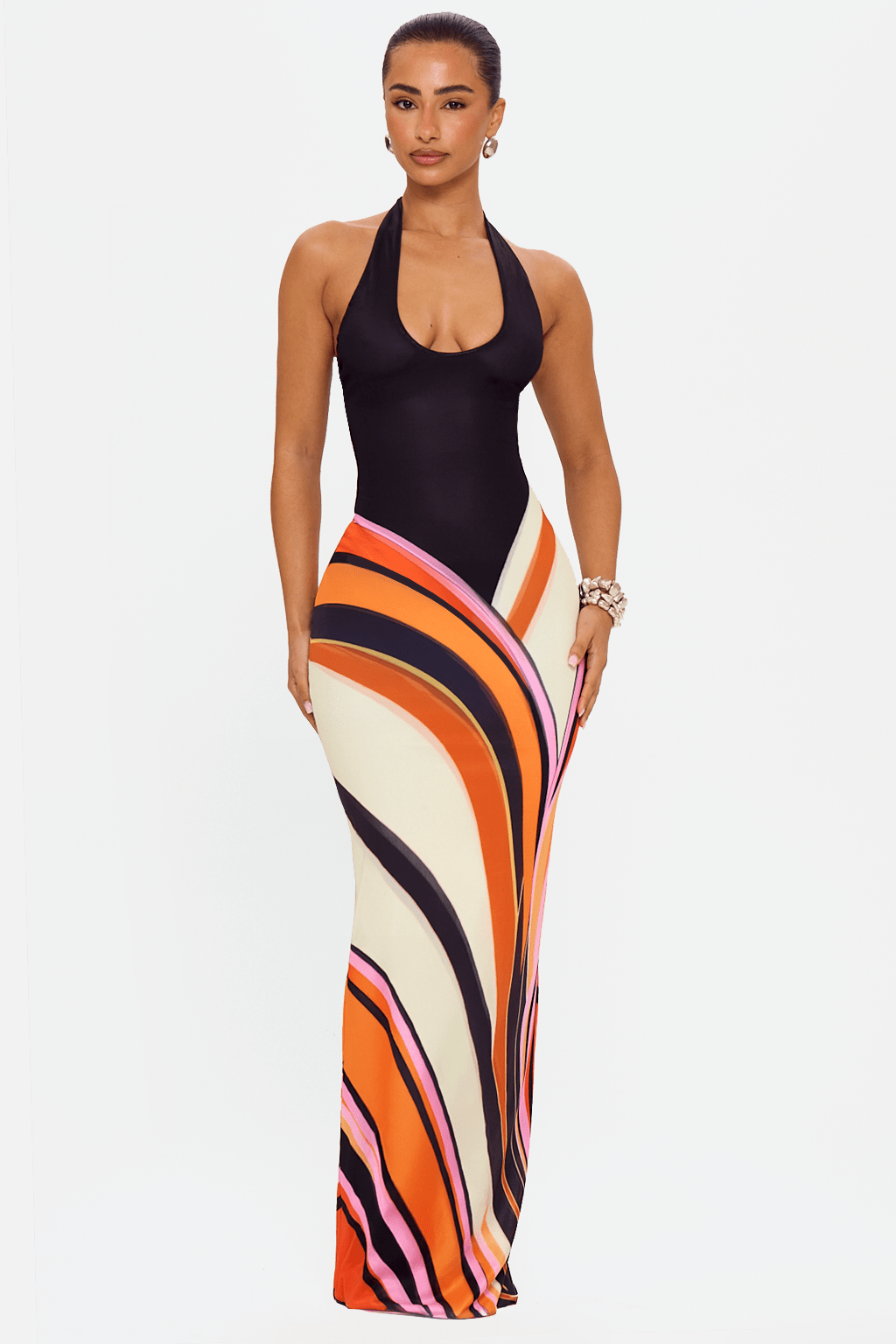 Jersey Stripe Halter Neck Maxi Dress