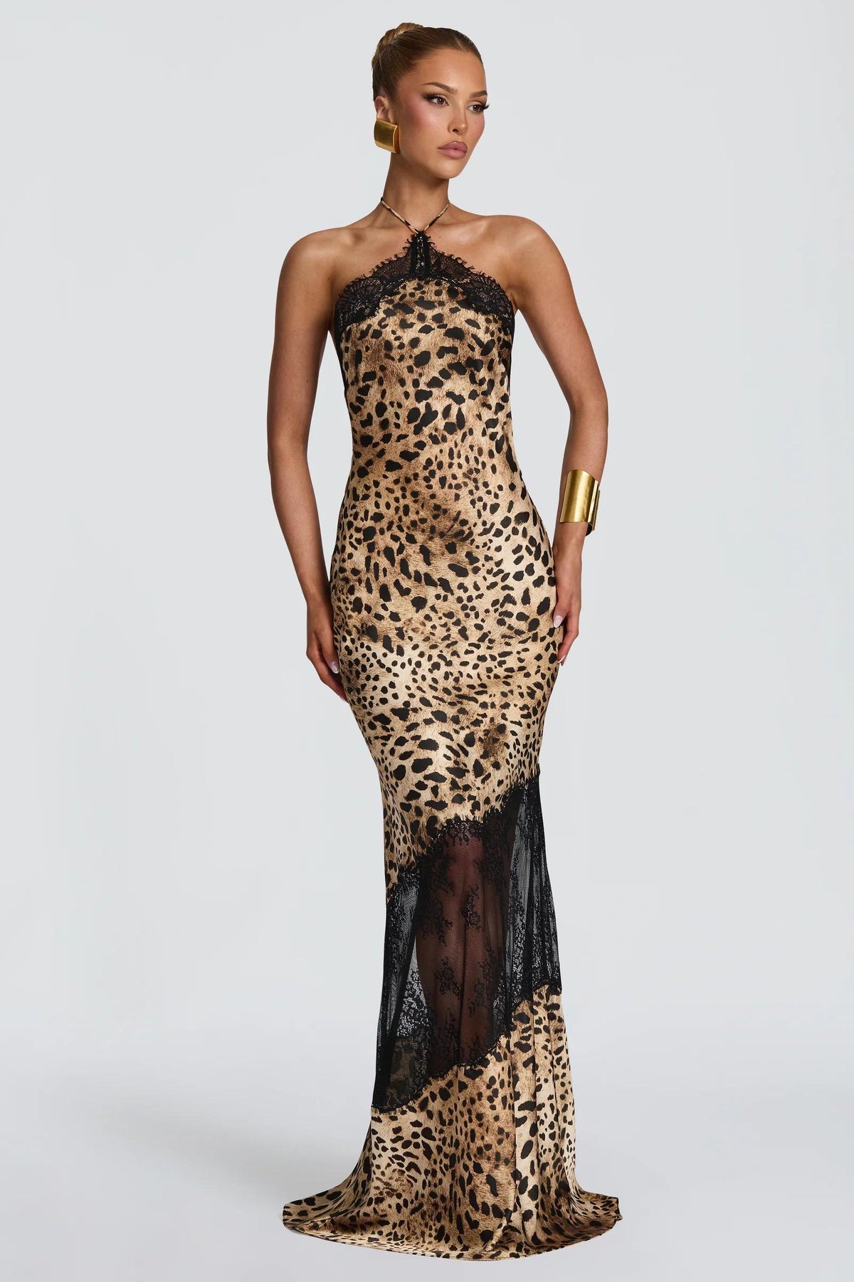 Leopard Print Splicing Lace Halter Neck Maxi Dress