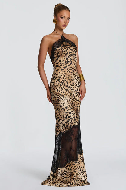 Leopard Print Splicing Lace Halter Neck Maxi Dress