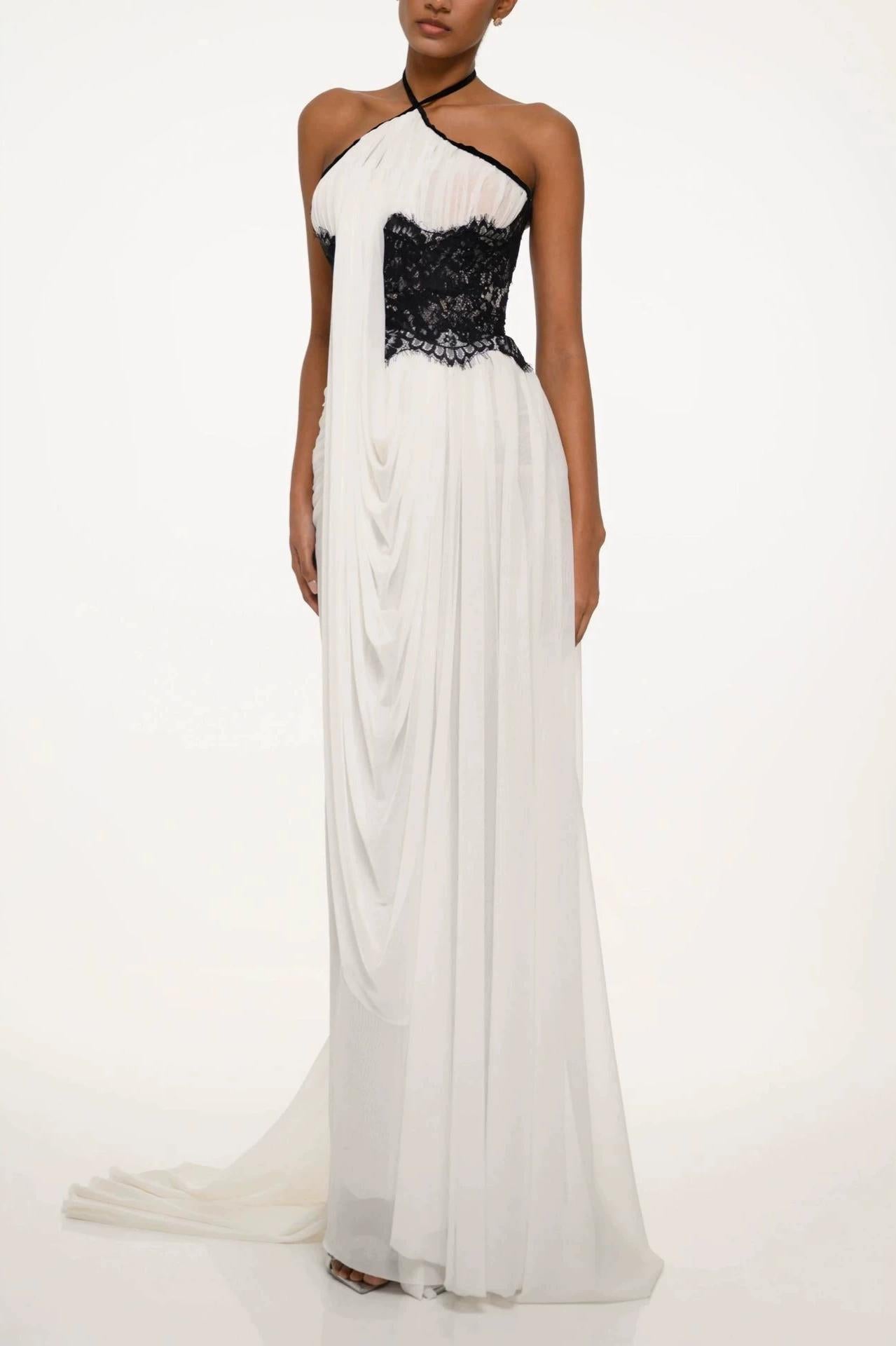 Mesh Splicing Lace Contrast Color See-Through Maxi Dress