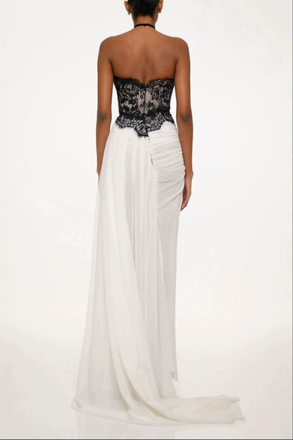 Mesh Splicing Lace Contrast Color See-Through Maxi Dress