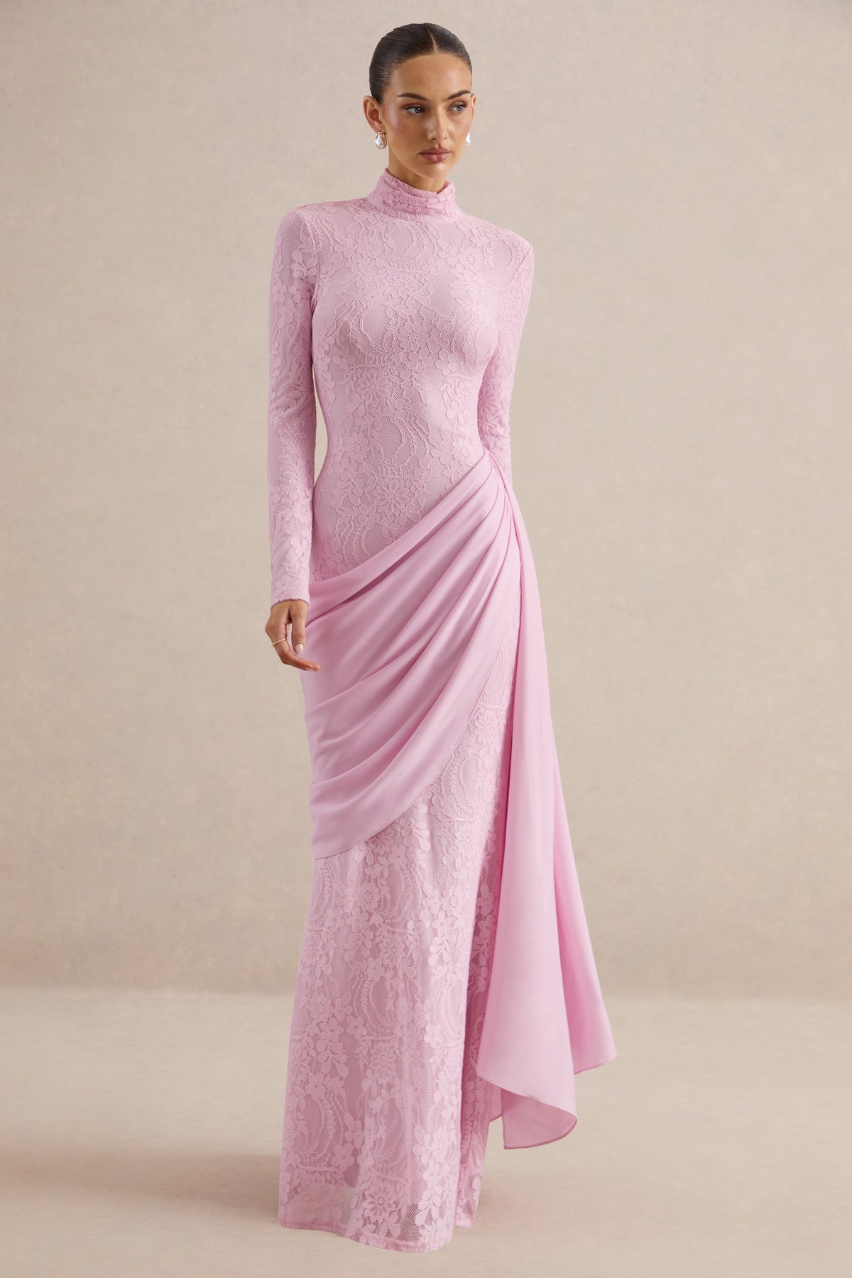Lace Splicing Jersey Long Sleeve Maxi Dress