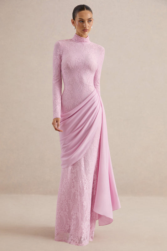 Lace Splicing Jersey Long Sleeve Maxi Dress