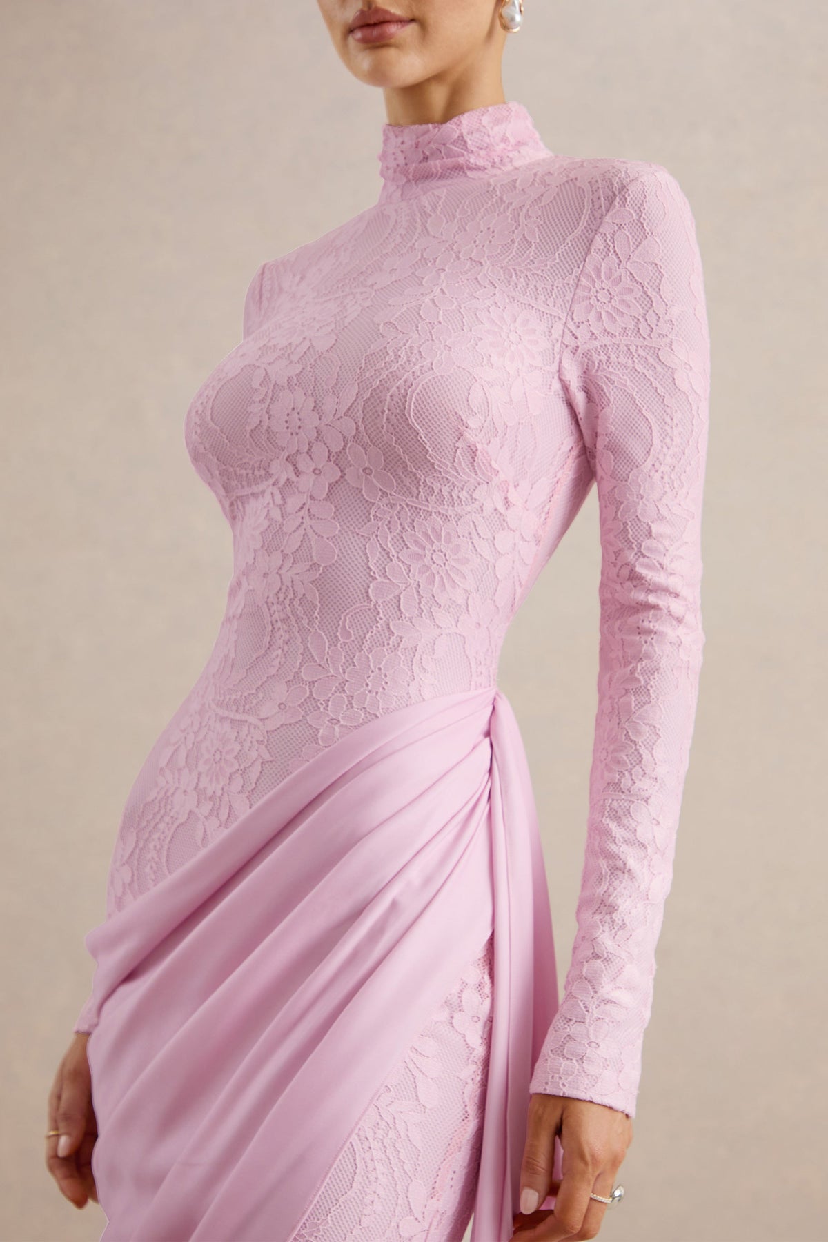 Lace Splicing Jersey Long Sleeve Maxi Dress