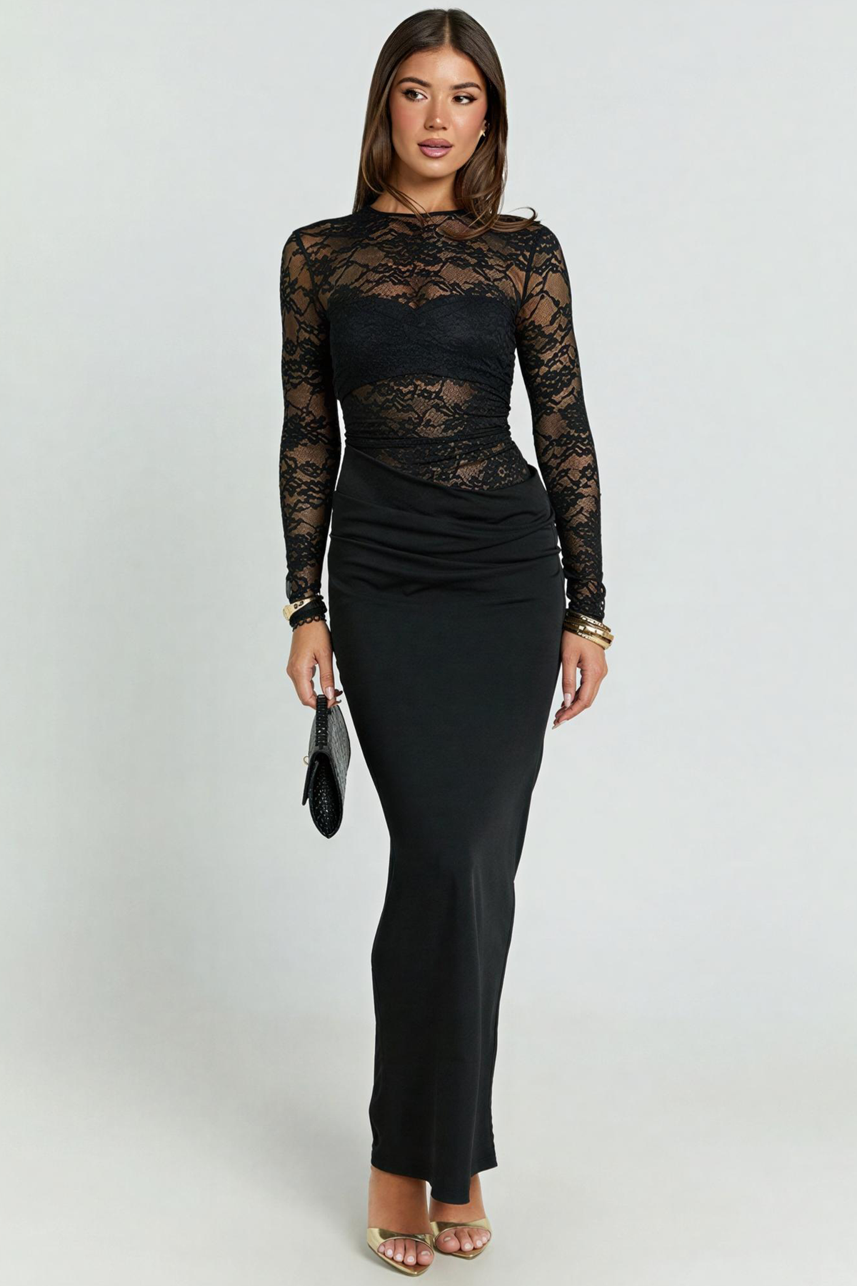 Lace Splicing Jersey See-Through Maxi Dress