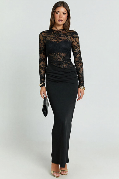 Lace Splicing Jersey See-Through Maxi Dress