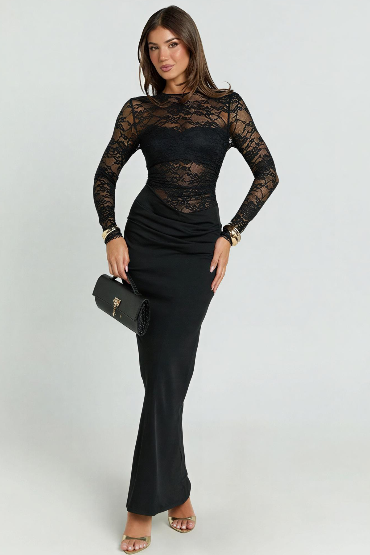 Lace Splicing Jersey See-Through Maxi Dress
