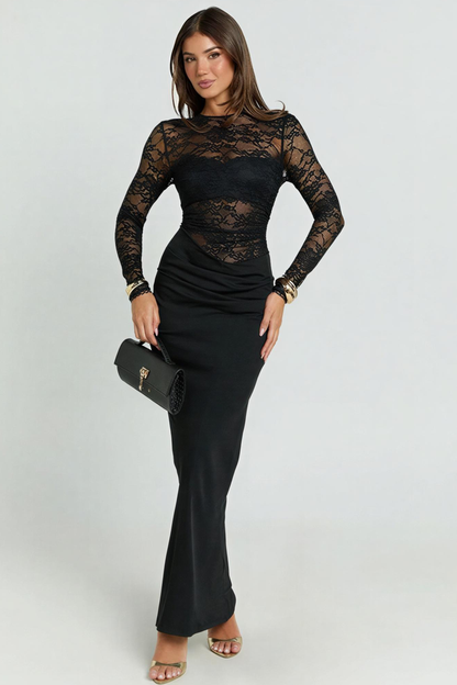 Lace Splicing Jersey See-Through Maxi Dress