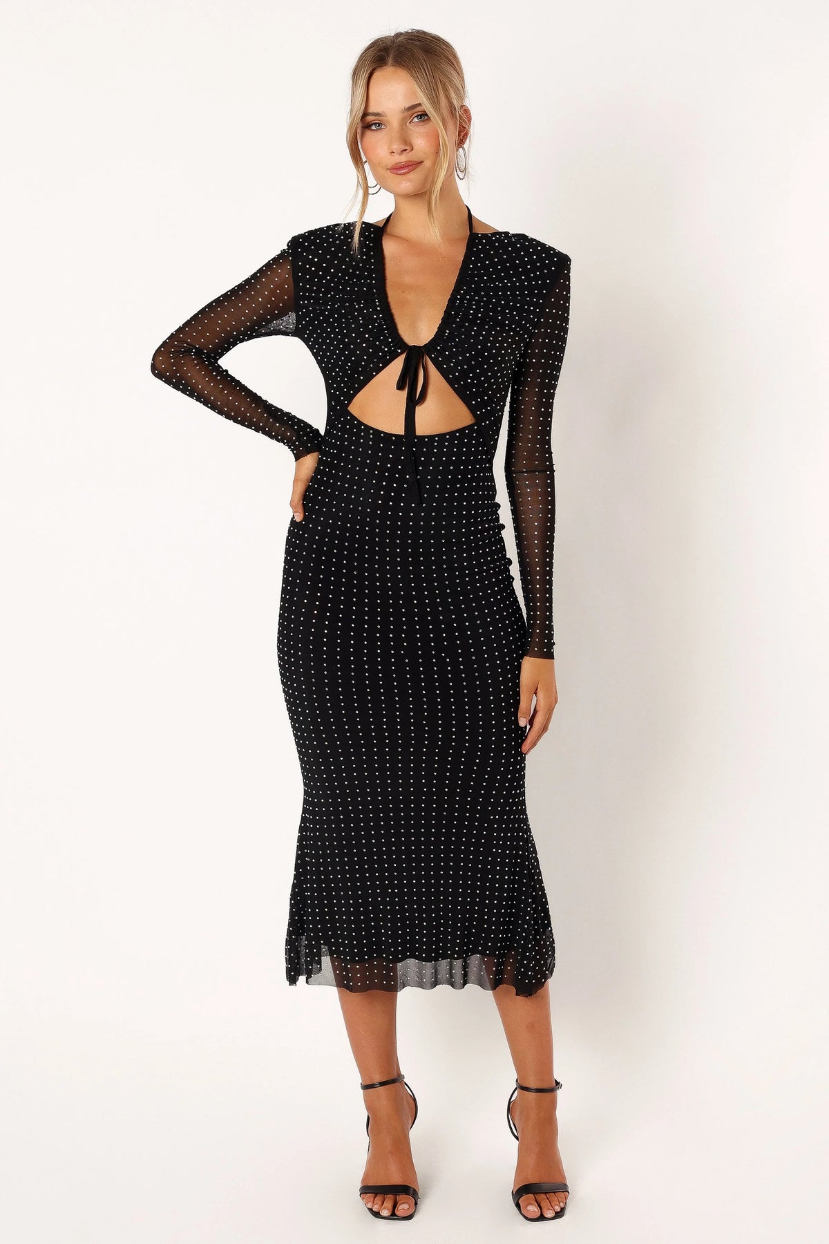 Jersey Splicing Mesh Silver Foil Stamping Cut-Out Midi Dress