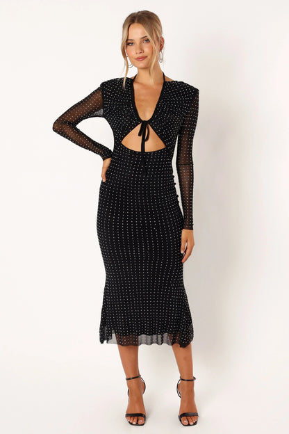 Jersey Splicing Mesh Silver Foil Stamping Cut-Out Midi Dress