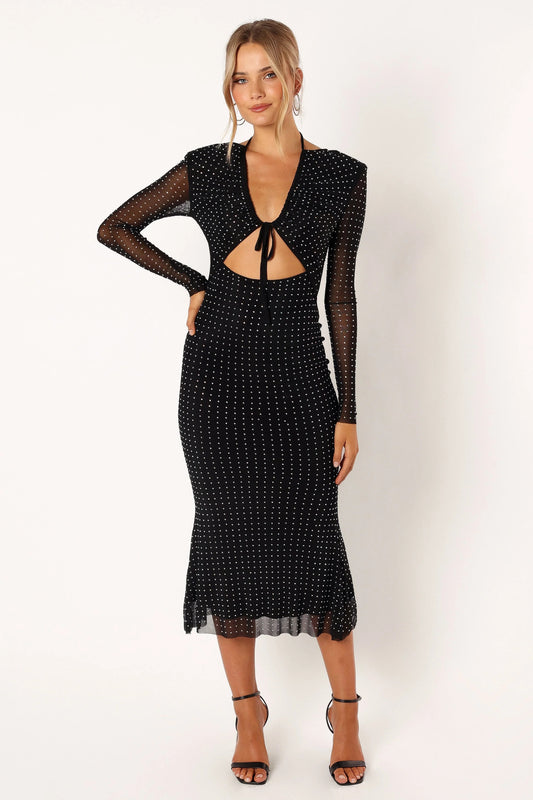 Jersey Splicing Mesh Silver Foil Stamping Cut-Out Midi Dress