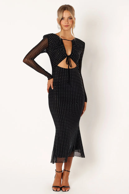 Jersey Splicing Mesh Silver Foil Stamping Cut-Out Midi Dress
