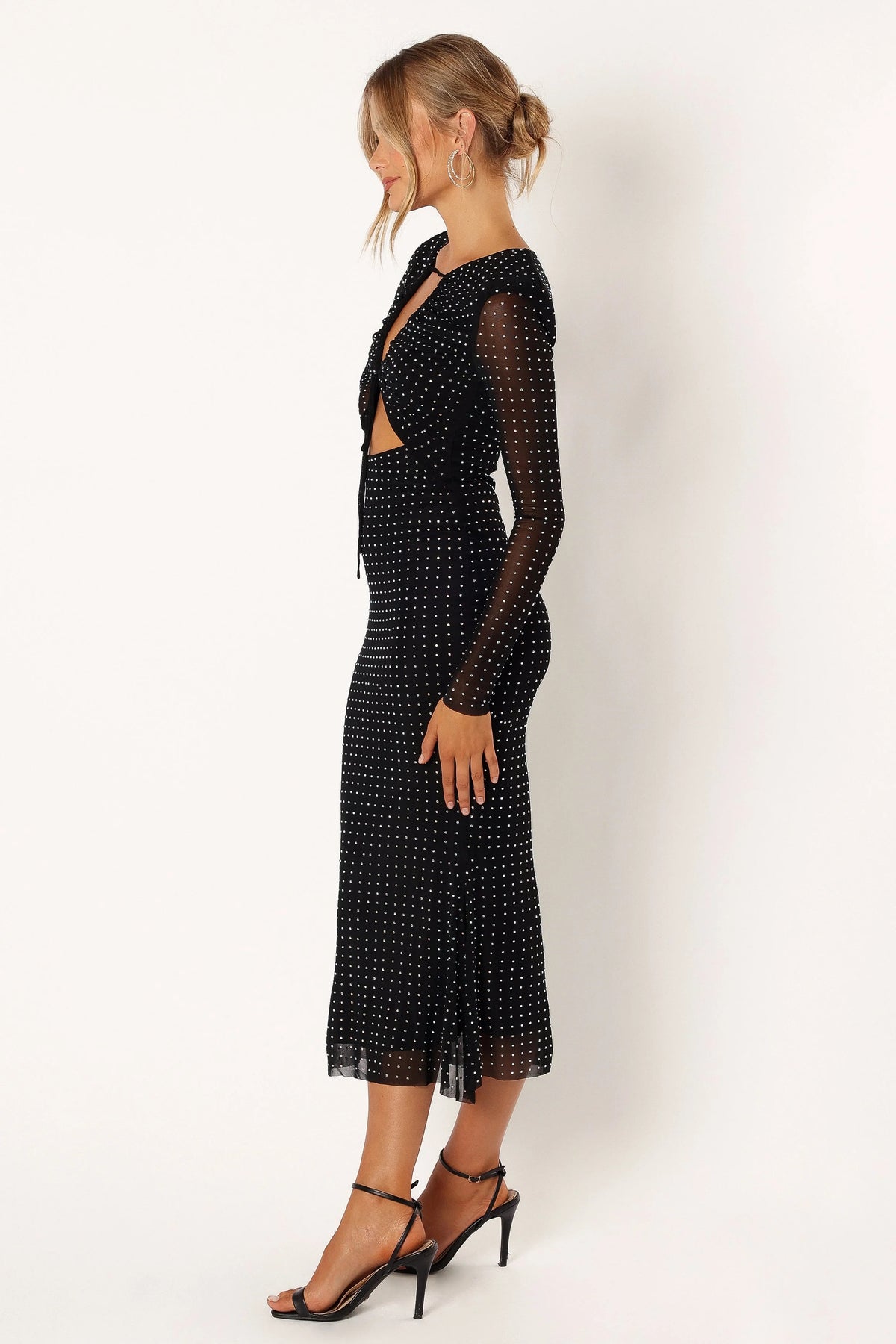 Jersey Splicing Mesh Silver Foil Stamping Cut-Out Midi Dress