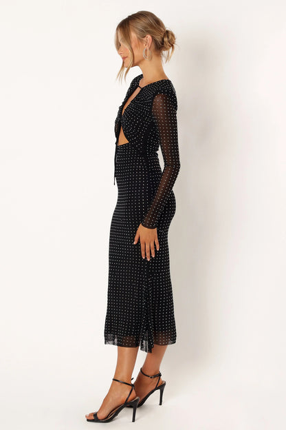 Jersey Splicing Mesh Silver Foil Stamping Cut-Out Midi Dress