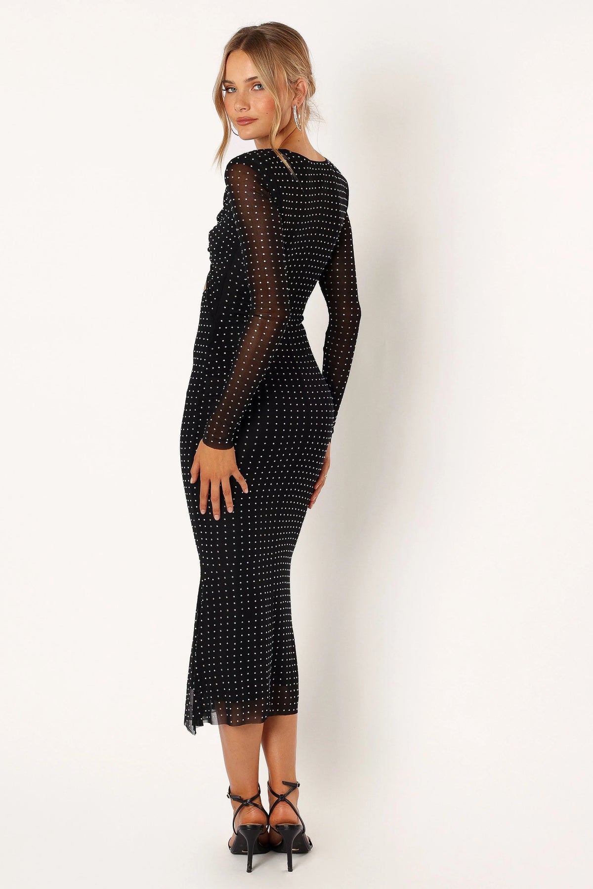 Jersey Splicing Mesh Silver Foil Stamping Cut-Out Midi Dress