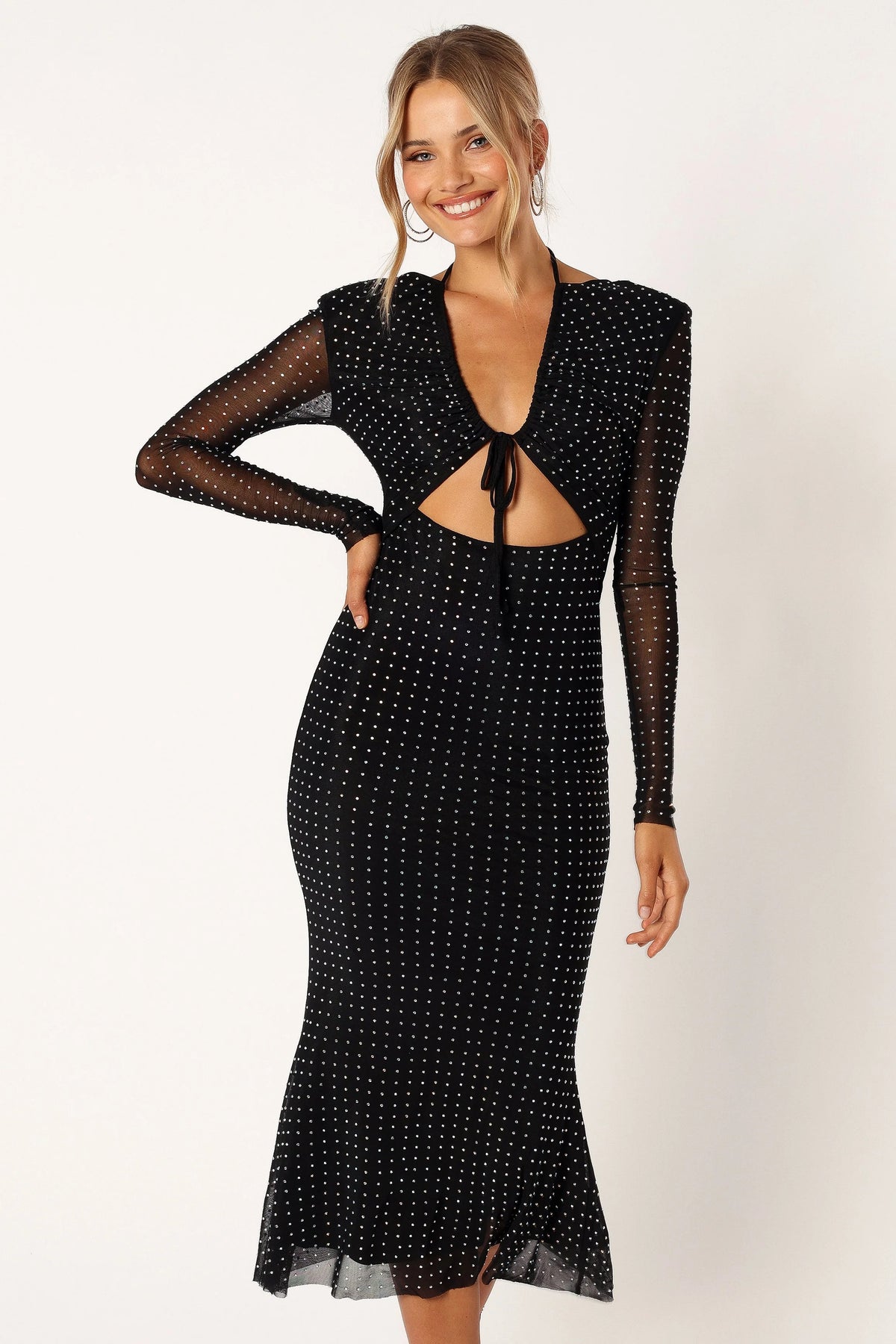 Jersey Splicing Mesh Silver Foil Stamping Cut-Out Midi Dress