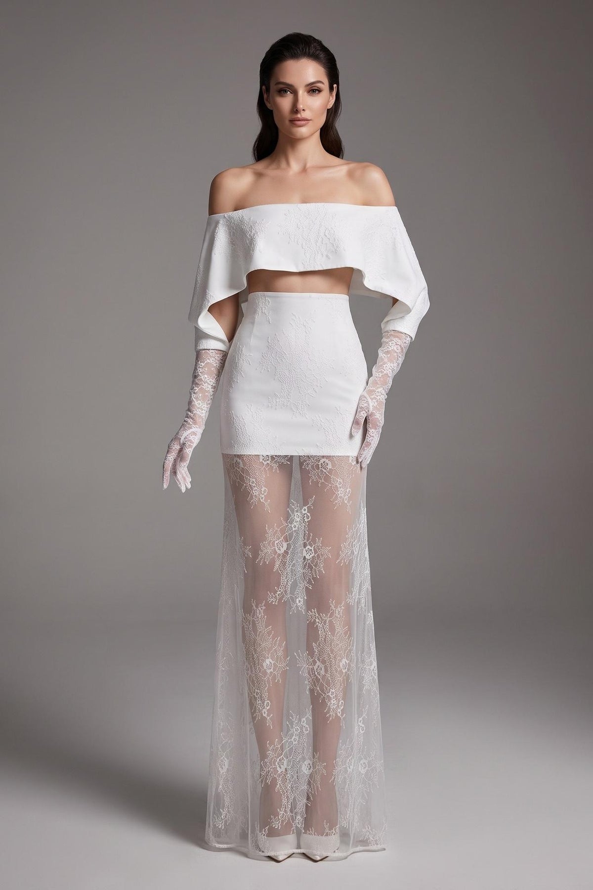 Lace Off Shoulder See-Through Maxi Dress
