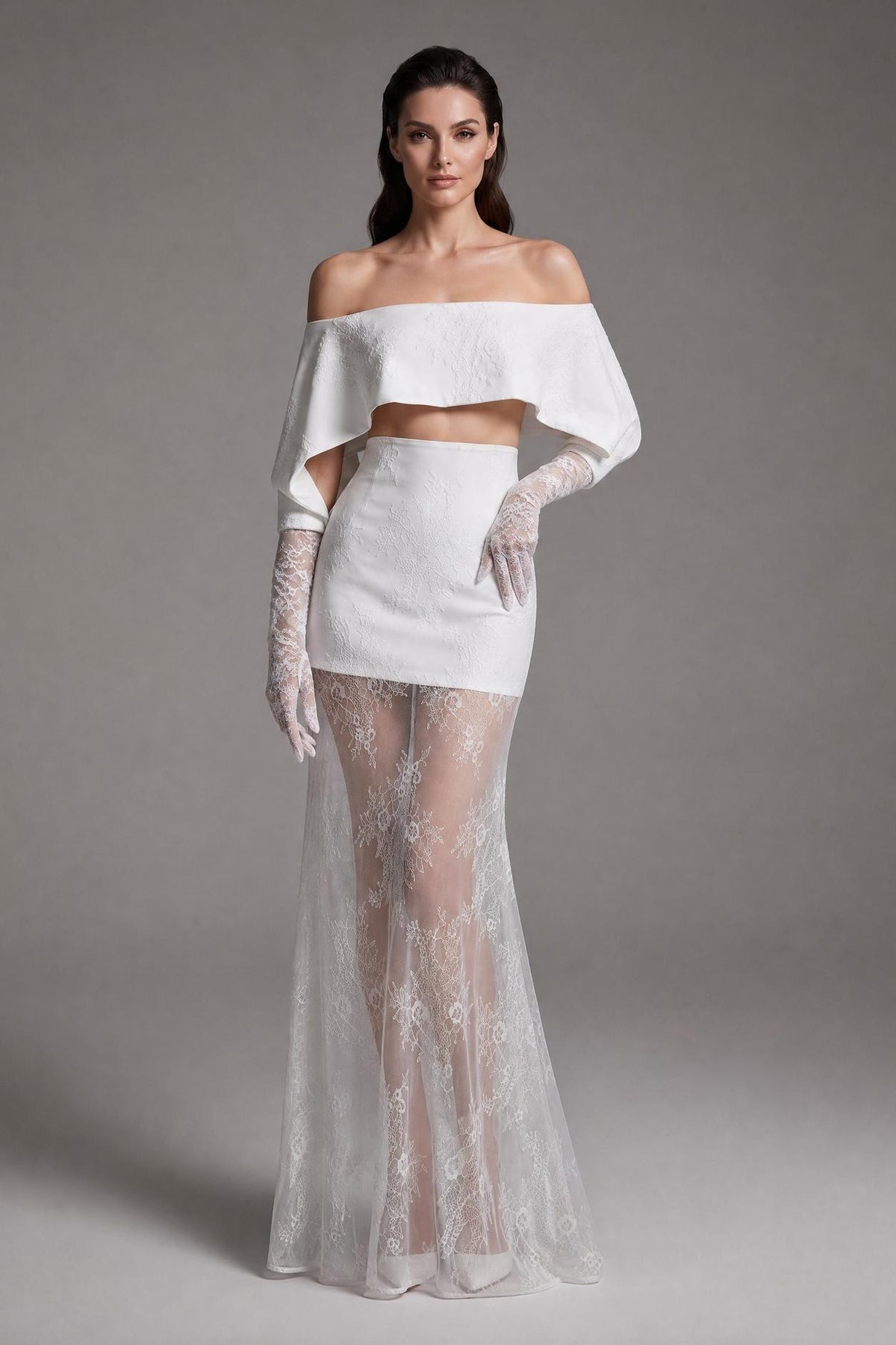 Lace Off Shoulder See-Through Maxi Dress