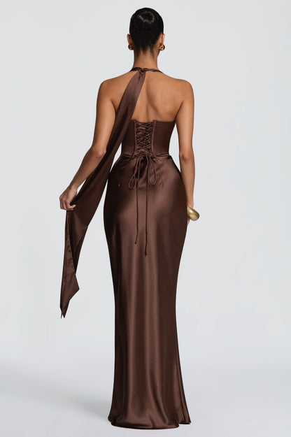 Satin Halter Neck Tie-Up Maxi Dress