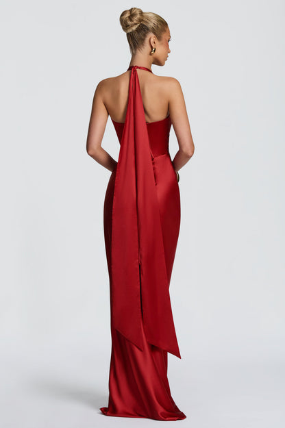 Satin Halter Neck Tie-Up Maxi Dress