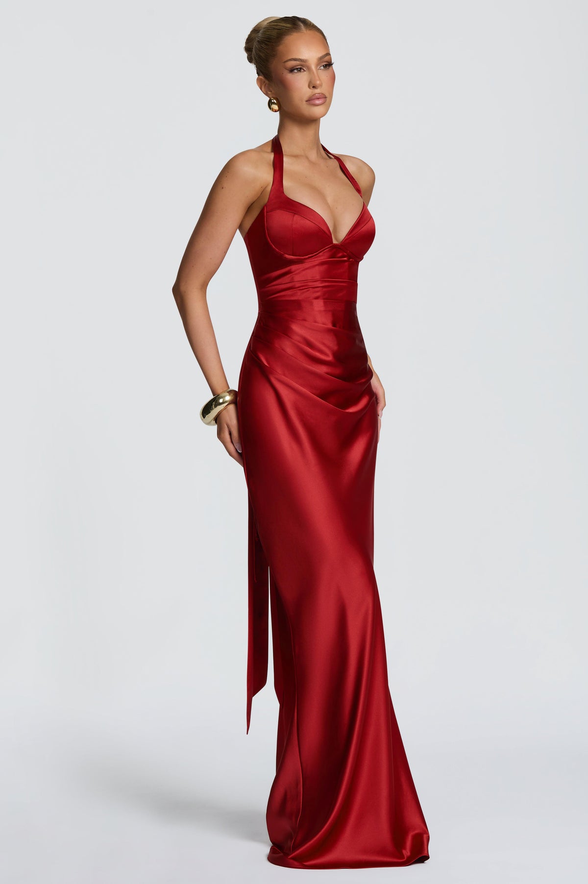Satin Halter Neck Tie-Up Maxi Dress