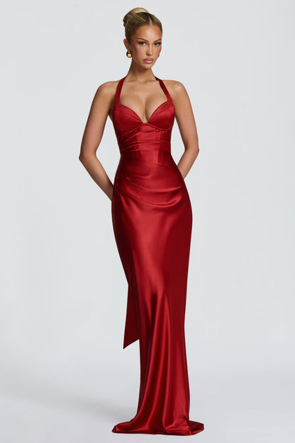 Satin Halter Neck Tie-Up Maxi Dress