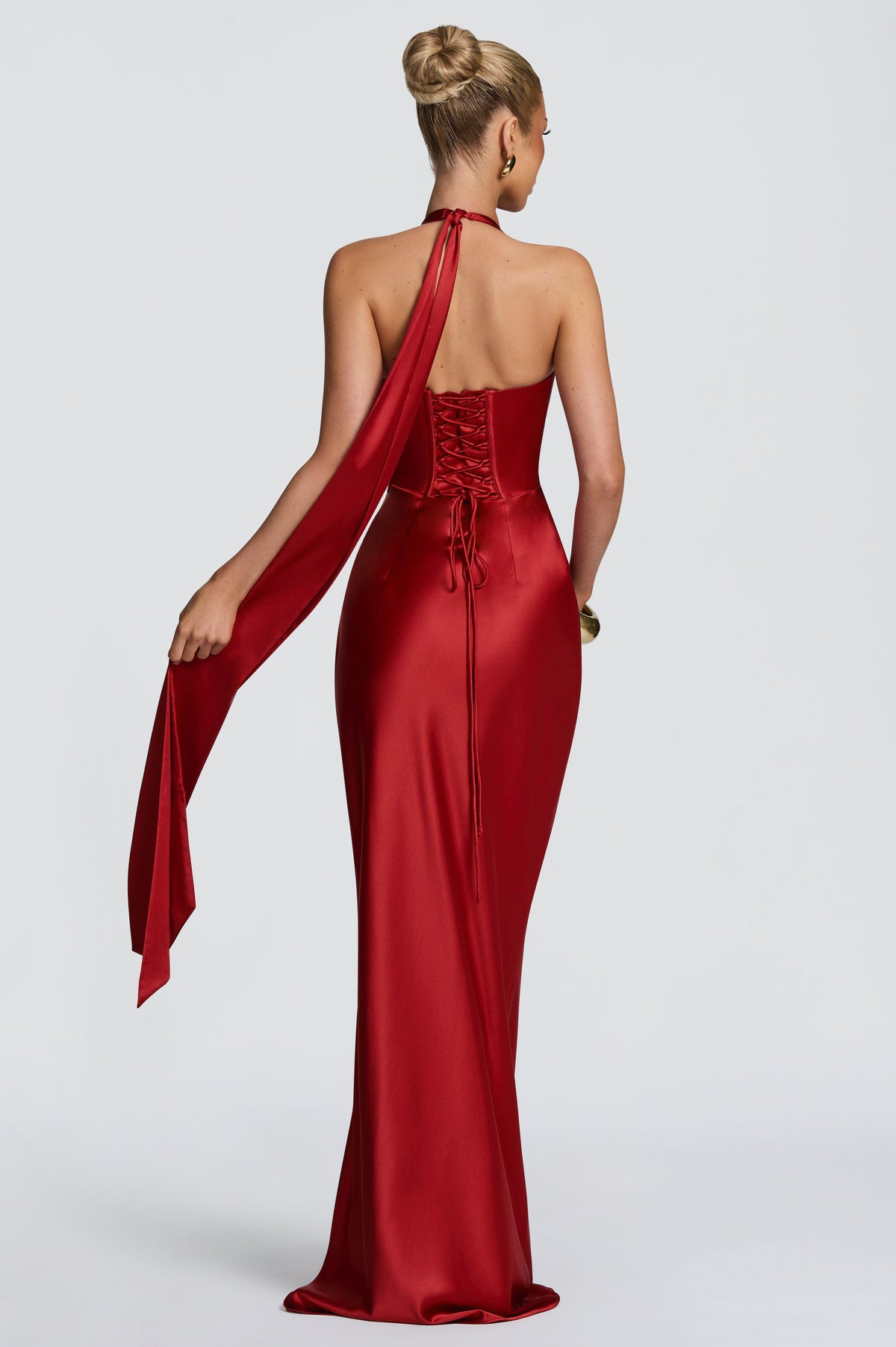 Satin Halter Neck Tie-Up Maxi Dress
