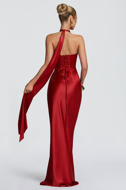Satin Halter Neck Tie-Up Maxi Dress
