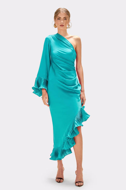 Satin Pleated Ruffle Midi Dress