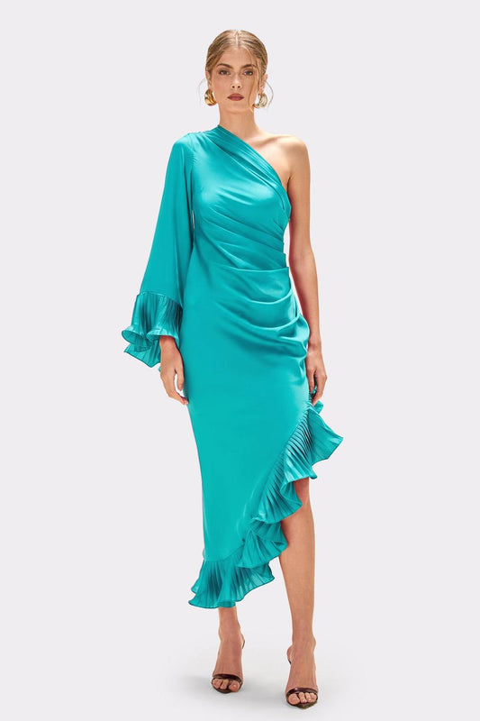 Satin Pleated Ruffle Midi Dress