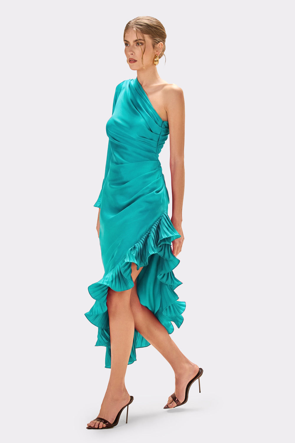 Satin Pleated Ruffle Midi Dress
