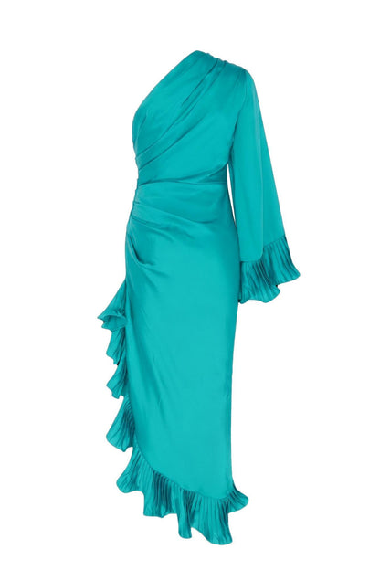Satin Pleated Ruffle Midi Dress
