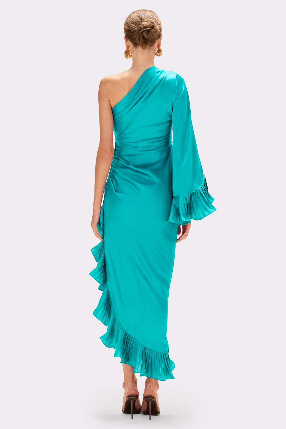 Satin Pleated Ruffle Midi Dress