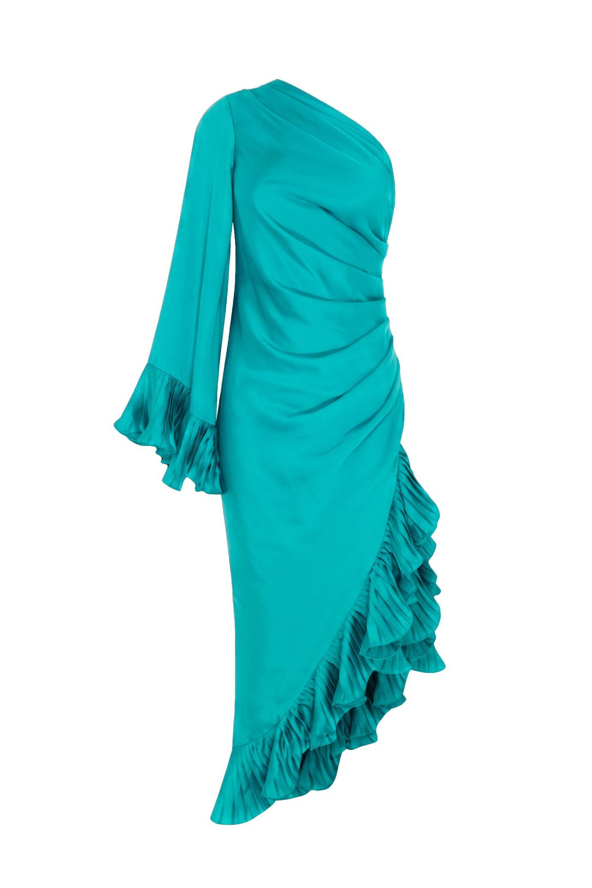 Satin Pleated Ruffle Midi Dress