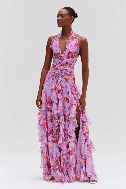 Floral Halter Neck Ruffle Maxi Dress