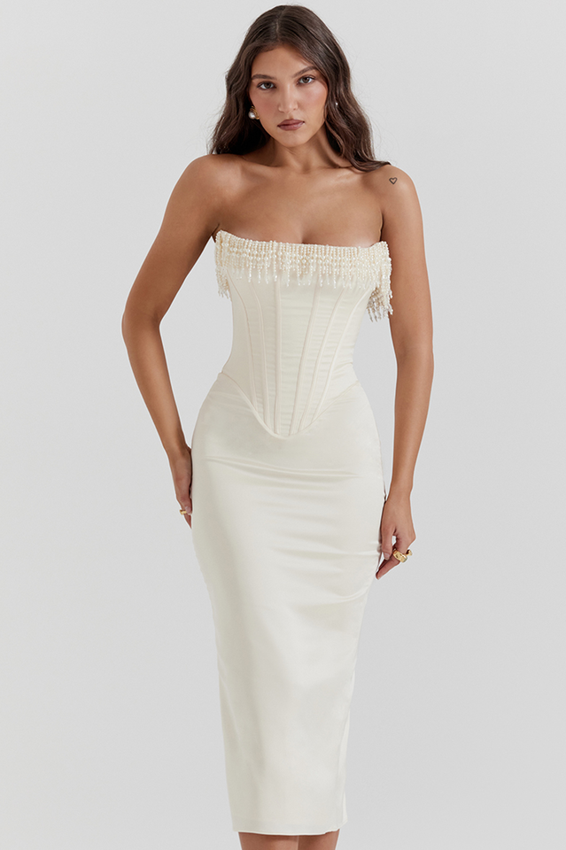 Nalita Vintage Cream Beaded Strapless Dress