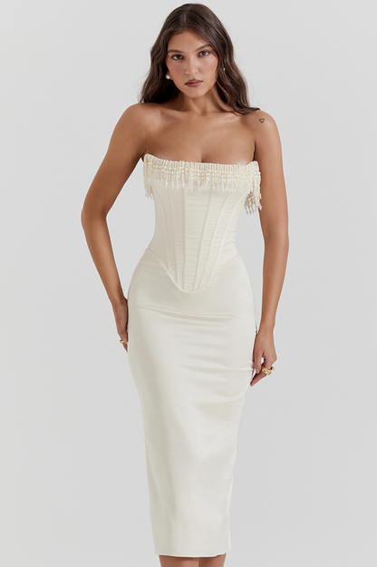 Nalita Vintage Cream Beaded Strapless Dress