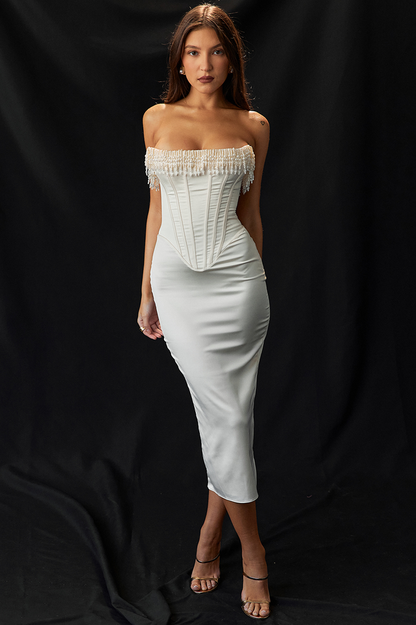 Nalita Vintage Cream Beaded Strapless Dress