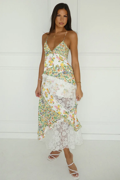 Floral Print Lace Backless Slip Dress