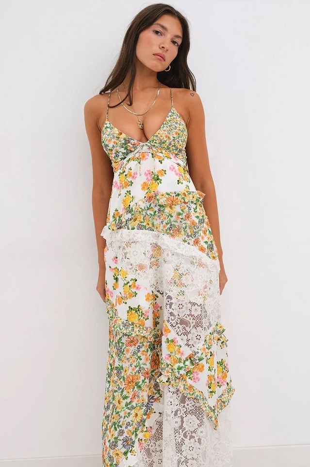 Floral Print Lace Backless Slip Dress